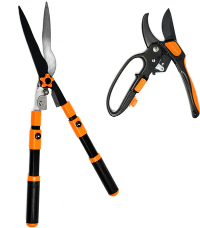 Pack d'outils : sécateur à crémaillère + taille-haies